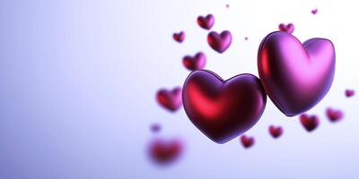 Two glowing hearts floating on a romantic purple background, perfect for valentine's day or romantic themes photo