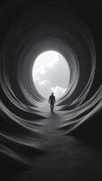 Businessman walking towards light at end of tunnel photo