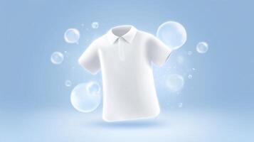 White polo shirt mock up floating in a soft blue background with bubbles, showcasing a clean and fresh appearance ideal for clothing advertisements and design projects photo