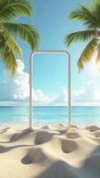 Smartphone showing tropical beach with palm trees and clouds, summer vacation concept photo