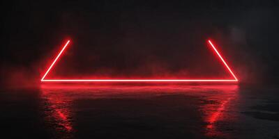 Red neon lights forming triangle shape on wet asphalt in dark background photo