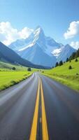 Asphalt road leading to majestic snow-capped mountain peak in summer photo
