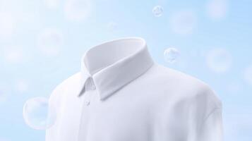 White shirt floating in a soft blue background with bubbles, showcasing a clean and fresh appearance, ideal for fashion or laundry-related concepts and designs photo