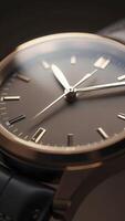 Luxury wristwatch showing time on dark background photo