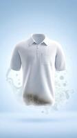 White polo shirt mock up with clean design, floating against a soft blue background, showcasing fabric texture and visual appeal for branding and marketing purposes photo
