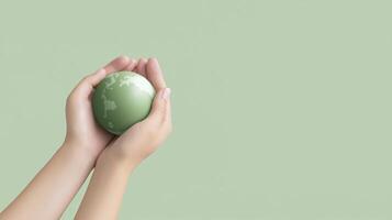 Hands gently holding a small green globe symbolizing environmental care and sustainability, against a soft green background, conveying a message of global responsibility and protection photo