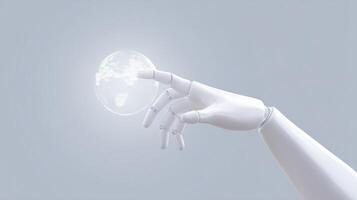 Robotic hand gently touching a glowing globe, symbolizing technology and innovation, with a soft gradient background, representing the connection between humanity and digital advancement photo