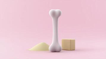 3D illustration of a white dog bone placed on a soft pink background alongside a small cube and a pile of sand, creating a playful and whimsical atmosphere photo