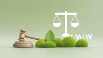 Gavel resting on green moss with a scale symbolizing justice, representing environmental law and sustainability, highlighting the balance between nature and legal principles in a modern context photo