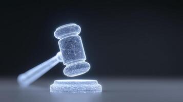 Digital representation of a gavel in a futuristic style, symbolizing justice and law, with a glowing effect against a dark background, conveying authority and decision-making photo
