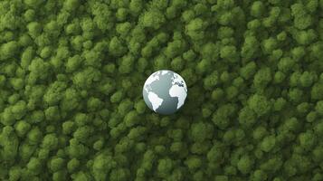 Earth globe illustration surrounded by lush green trees, symbolizing environmental conservation and the importance of nature in our ecosystem and planet health photo