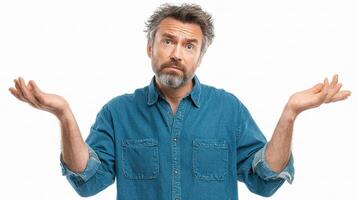 A man with his hands outstretched and looking confused photo