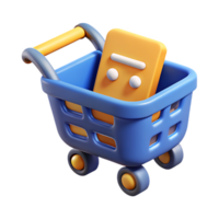 A 3d render of an online shopping cart with a smiling geometric character png