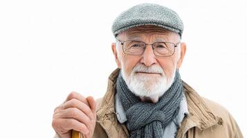 An elderly man with a cane and a hat photo