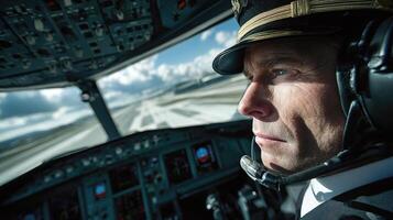 A man in a pilot's uniform is looking out the window photo