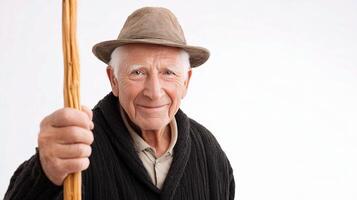 An older man holding a stick and smiling photo