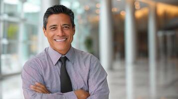 A man in a shirt and tie standing in an office photo
