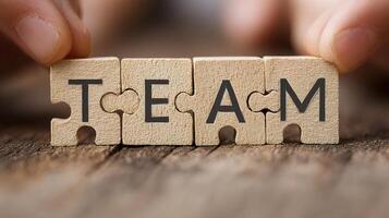 The word team in wooden puzzle pieces photo