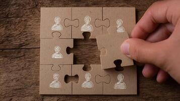 A person holding a piece of jigsaw puzzle with people on it photo