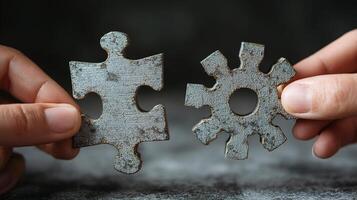 Two hands holding two pieces of metal puzzle pieces photo