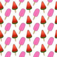 Seamless cartoon summer pattern with illustration of colorful ice cream on a stick on white background. For Summertime, food, dessert, refreshing design, or National Ice Cream Day celebration. vector