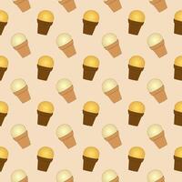 Seamless summer pattern with illustration of ice cream waffle cups in calm, soft tones on a beige background. For Summertime, food, dessert, refreshing design, or National Ice Cream Day celebration. vector