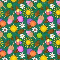 Seamless summer pattern with cartoon illustration of ice cream in waffle cone and on stick, sun and daisy flowers on green background. For Summertime design, or National Ice Cream Day celebration. vector