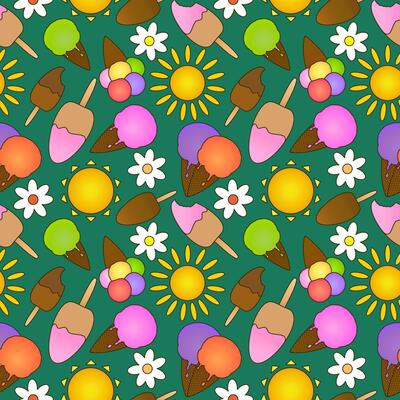 Seamless summer pattern with cartoon illustration of ice cream in waffle cone and on stick, sun and daisy flowers on green background. For Summertime design, or National Ice Cream Day celebration.