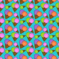 Seamless summer pattern with cute illustration of cartoon colorful ice cream waffle cones on a blue background. For Summertime, and refreshing design, or National Ice Cream Day celebration. vector