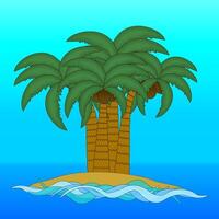 beach scene of adorable cartoon tropical island with palm trees and coconuts surrounded by ocean waves on a blue gradient background. For summertime, vacations, and outdoor concept design. vector