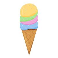 Colorful ice cream cone with three scoops in a waffle cone vector