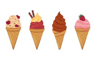 Four ice cream cones feature unique flavors and toppings in vibrant colors. vector