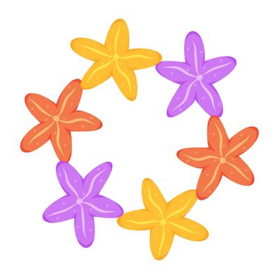 Bright orange, yellow, and purple starfish in a circular pattern, flat style on white background