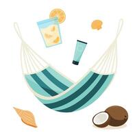 A hammock is surrounded by drinks and seashells, portraying a beach vibe. vector