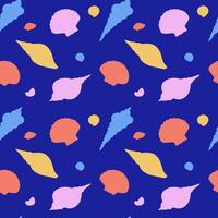 Bright seamless pattern with colorful seashells on deep blue background vector
