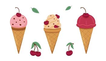 Three colorful ice cream cones topped with cherries showcase various flavors vector