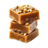 Three caramel squares with nuts isolated on transparent background png
