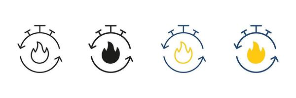 Timer with Flame Line and Solid Icon Set. Countdown and Fire Symbol Collection. Caloric Burn Icon. Timer with Fire Depicting Metabolism Speed Pictogram. Isolated Illustration vector