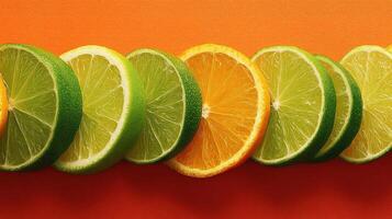 A group of sliced oranges and limes photo