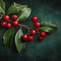 Holly branch with red berries on a green background photo