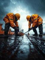 Cargo Operations by Dockworkers Under Gloomy Skies photo