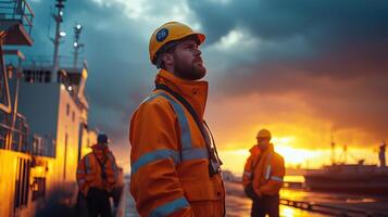 Dockworkers Collaborating Under Muted Blue and Yellow Skies photo