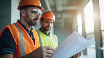 Engineers Focused on Blueprints Surrounded by Unique Lighting photo