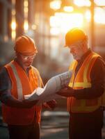 Engineers Reviewing Designs in a Play of Warm and Cool Tones photo