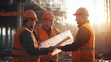 Engineers Collaborating on Blueprints in Dynamic Lighting photo