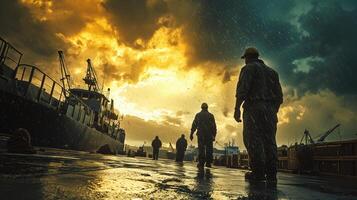 Gritty Scene of Dockworkers Working Under Stormy Conditions photo
