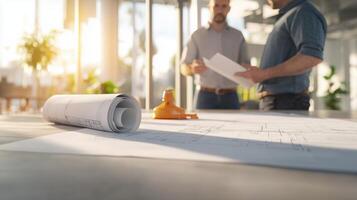 Dynamic Lighting Effects on Engineers Working with Blueprints photo