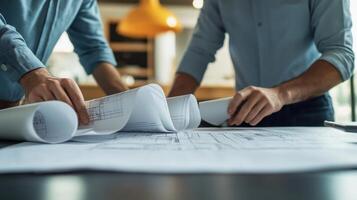 Blueprint Review by Engineers Under Cool Shadow Contrast photo