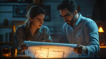 Warm and Cool Tones Highlighting Engineers with Blueprints photo