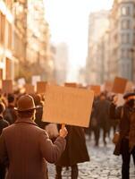 Workers Dressed in Vintage Attire Filling Street with Protest Signs photo